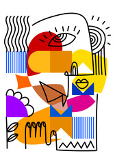 Abstract face portrait geomtric shapes doodle line art hand drawn vector illustration. Aesthetic design for art print, decoration, cards, poster and wall art.