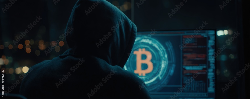 Poster a person in a hoodie faces a computer screen displaying a large bitcoin symbol, suggesting hacking o
