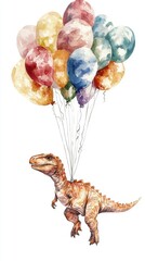 Obraz premium Watercolor dinosaur illustration with balloons on white background whimsical art for children's decor and birthday celebrations
