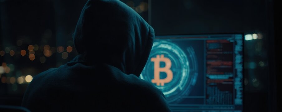 A person in a hoodie faces a computer screen displaying a large Bitcoin symbol, suggesting hacking or cryptocurrency activity at night. - Powered by Adobe