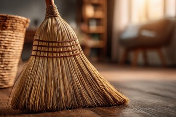 A rustic broom standing on a wooden floor in a cozy room, with a wicker basket, natural light, and a blurred background, conveying a sense of traditional cleaning.