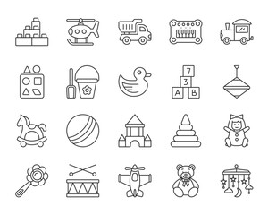 Line art icons showcase various toys