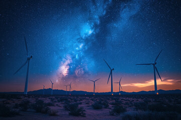 Wind turbines under a starry sky.