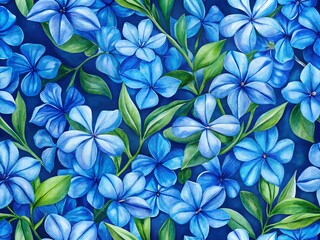 Fototapeta premium Watercolor Blue Plumbago Flower Seamless Pattern Dark Blue Background Floral Textile Design