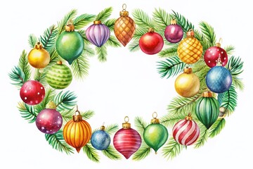 Watercolor Christmas Ornament Wreath Frame - Festive Holiday Border Illustration