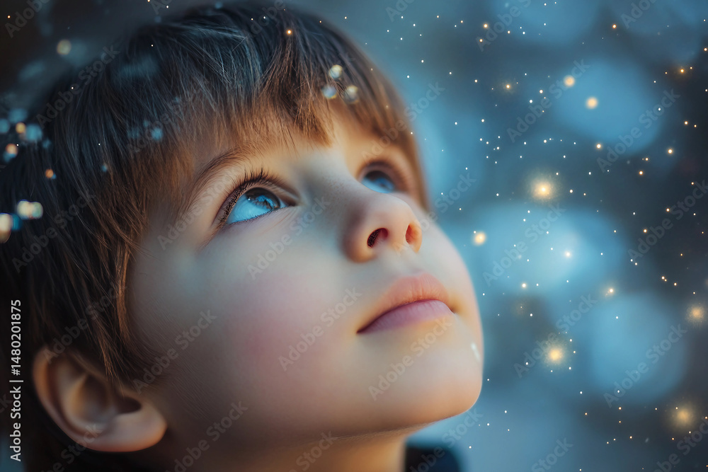 Poster generative ai concept of a curious child exploring the universe stars and astronomy with wonder and 