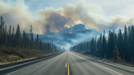 A serene road stretches through a dense forest of tall pine trees under a clear sky.