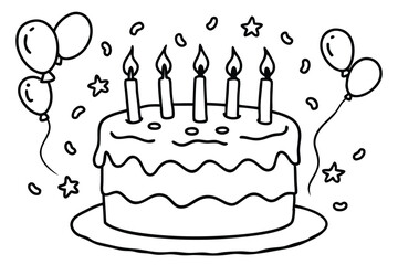 Black outline illustrates a birthday cake adorned with candles, balloons, and star decorations