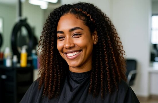 Mulher negra bonita sentada em cadeira de sal&atilde;o de beleza no Brasil

