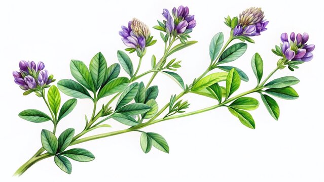 Watercolor Lucerne Alfalfa Plant Botanical Illustration, Green Leaves & Purple Flowers, Isolated White Background