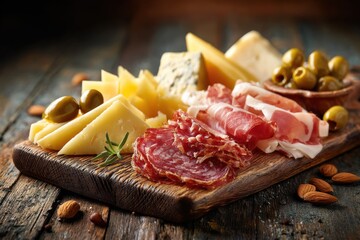 Delicious charcuterie board featuring a variety of cheeses, cured meats, olives, and almonds, arranged on rustic wooden board, perfect for appetizer or snack.