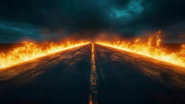 Road bordered by fire vanishing into a dark and cloudy sky