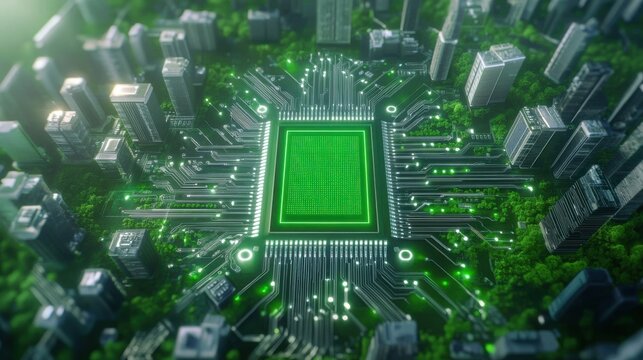 Futuristic Cityscape with Circuit Board Design and Green Technology