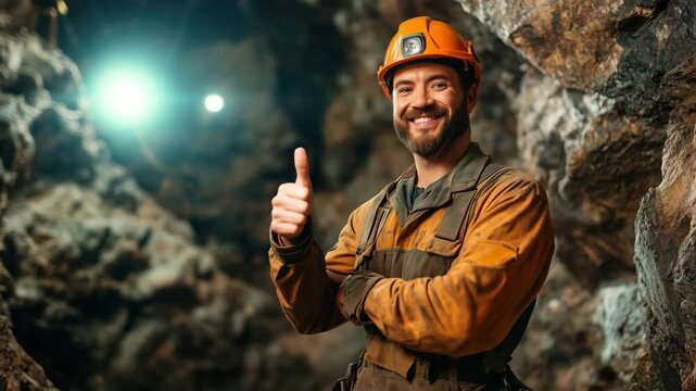 Confident bearded miner, arms crossed over his chest and standing in a dark mine tunnel, gives a thumbs up