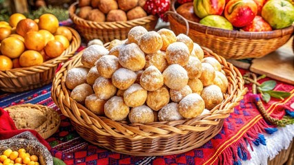 A Basket Full of Sweet, Golden Dough Balls Dusted With Powdered Sugar, Arranged Like a Pyramid, on a Table Covered in a Vibrant Red and Blue Tablecloth