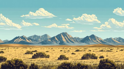 A panoramic view of a vast landscape featuring rolling hills and mountain ranges in the background, with snow-capped peaks.