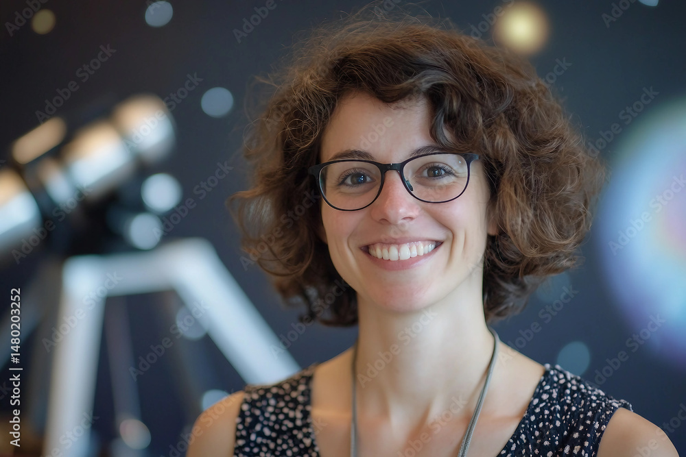 Poster scientist working with telescope during astronomy and space research project at night using generati