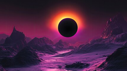 A dramatic solar eclipse is depicted, with a solid black silhouette of the moon perfectly aligned in front of the sun.