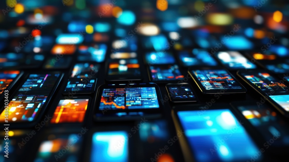  Diverse Array of Mobile Devices Displaying Colorful Digital Interfaces