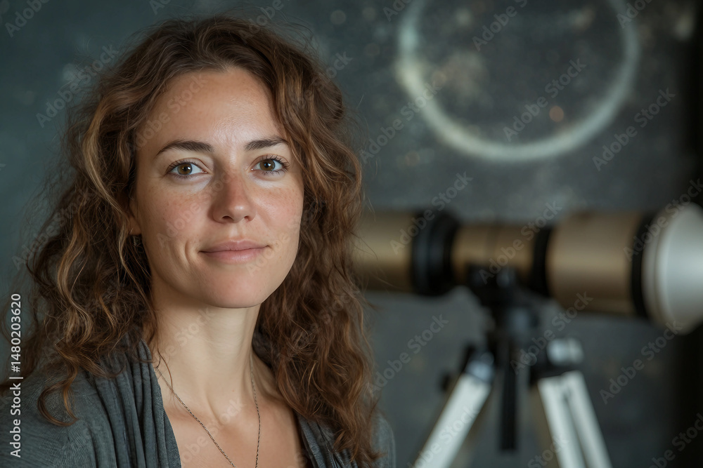 Poster scientist working with telescope during astronomy and space research project at night using generati