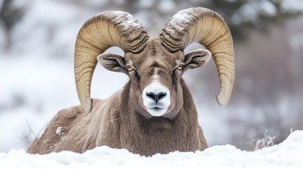 Magnificent bighorn ram resting serenely in a pristine winter snowscape