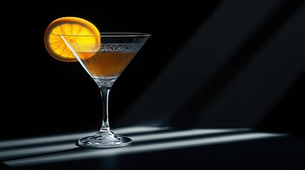 A dark, elegant martini glass filled with a rich, dark beverage, highlighted by a twist of orange peel perched on the rim.