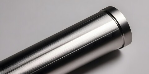 Sleek metallic cylinder, brushed finish, subtle light reflection, cylindrical form, industrial design, precision engineering, elegant simplicity, clean lines, modern aesthetic, metallic texture.