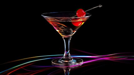 A close-up view of a cocktail in a stylish martini glass, featuring amber-colored liquid with a glossy surface.