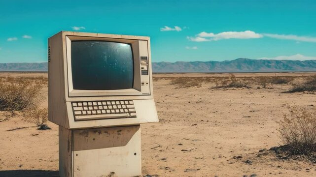 Vintage Computer Abandoned in Desert Landscape Under Clear Blue Sky with Mountain Range in Background 4k video footage