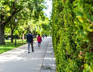 Serene park path lined with lush green hedges, blurred figures strolling. Tranquil outdoor scene.