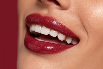 Obraz premium Close-up of a beautiful woman smiling with perfect white teeth and glossy red lipstick, showcasing a healthy and radiant smile, inviting and attractive look.