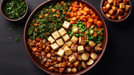 Colorful variety of vegetarian vegetable and tofu stew with peas carrots and croutons in a black bowl