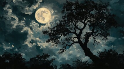 A large, bright full moon dominates the sky against a backdrop of dark, swirling clouds.