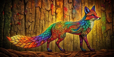 Whimsical Forest Fox Silhouette on Bark Texture - Magical Woodland Creature Illustration