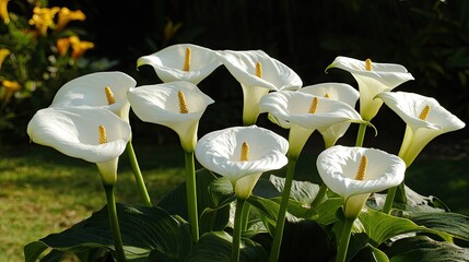 A cluster of white, bell-shaped flowers blooms atop a tall green stalk, surrounded by long, narrow sword-like leaves.