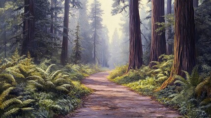 A serene forest pathway winds through towering redwood trees, illuminated by soft sunlight filtering through the leaves.