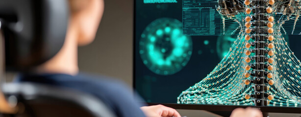 Person analyses spinal cord scan on computer screen, displaying medical data