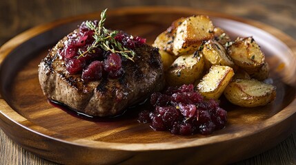 A beautifully plated dish featuring a large, juicy pork chop topped with a glossy berry sauce and fresh cranberries.