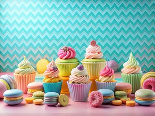 Whimsical Pastel Sweet Treats Panoramic with Chevron Pattern Background