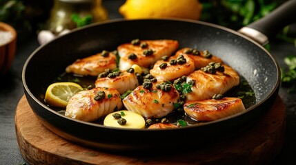 Delicious seared fish fillets garnished with herbs and lemon slices in a black skillet on wooden surface