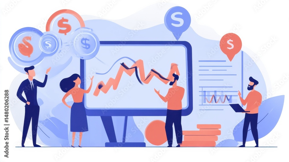 Poster business team analyzing financial data on computer screen