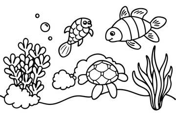 Cartoon aquatic life features simple black outline sketches of fish, turtle, coral and seaweed