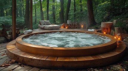 Fototapeta premium Tranquil wooden hot tub nestled in a lush forest setting, perfect for relaxation.