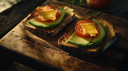 Two slices of toasted bread topped with slices of avocado and halved cherry tomatoes, garnished with small green shoots, presented on a wooden platter.