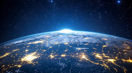 Obraz premium Stunning view of planet from space, illuminated by city lights and sunlight, set against starlit skies.