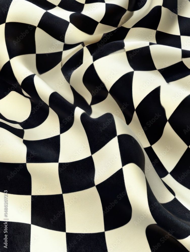 Poster black and white checkered fabric draped in swirls close up shot abstract pattern design texture mate