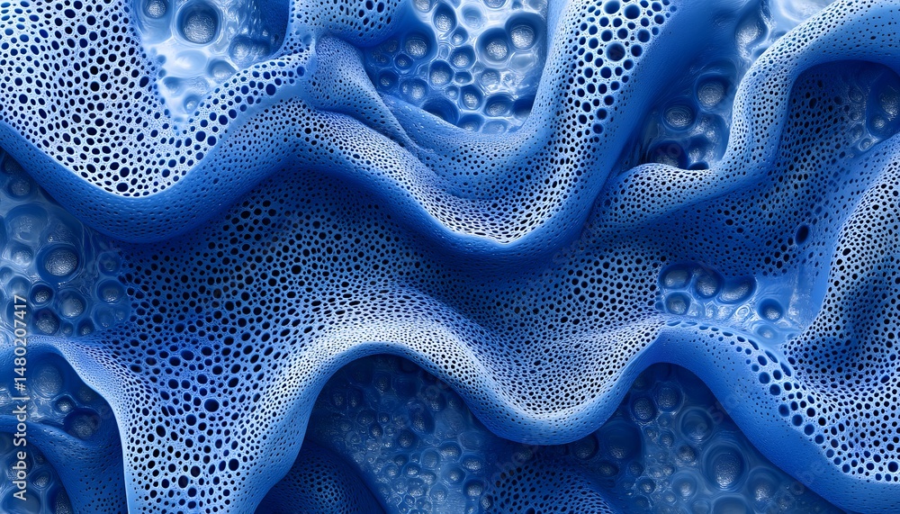 Poster abstract texture of undulating blue surface with bubbles.