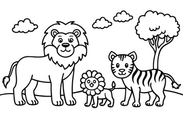 Cartoon lion, lion cub, and tiger enjoy a whimsical day under cartoon clouds and a tree