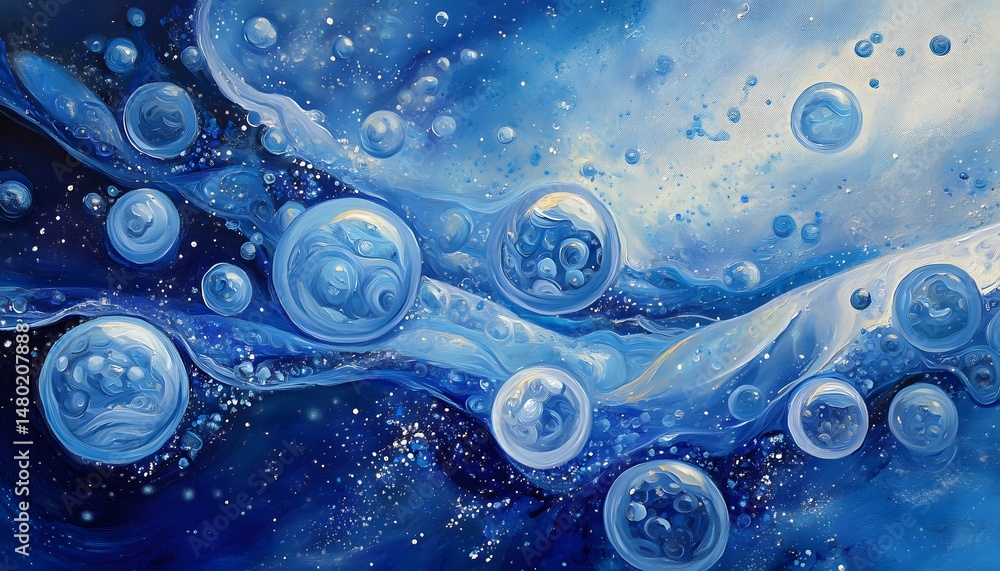 Poster deep blue abstract painting with floating bubbles.