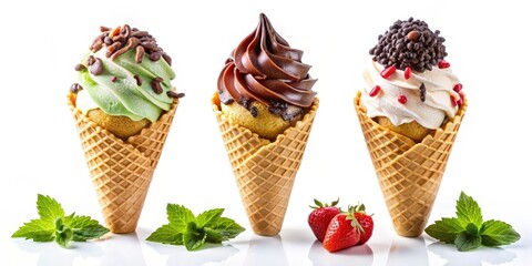 A Trio of Delectable Ice Cream Cones with Chocolate, Vanilla, and Mint Flavors, Garnished with Sprinkles and Mint Leaves, Accompanied by Fresh Strawberries
